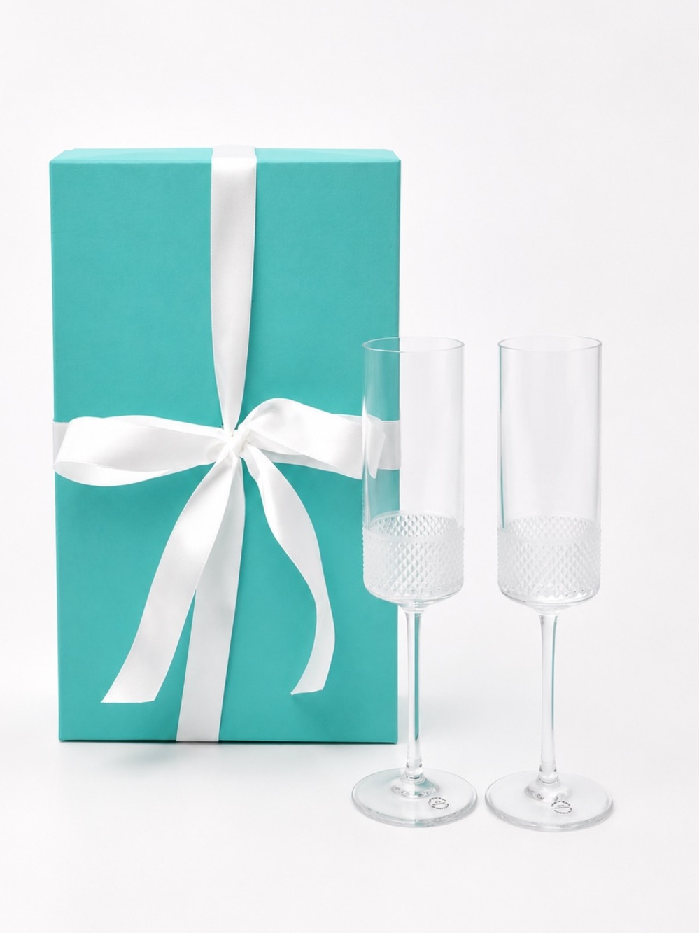 NEW Tiffany & Co. Diamond Point Crystal Champagne Glasses Flutes Set of 2 W/ Box